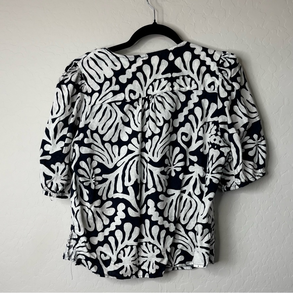 Panama Jack Womens Garden Beach Leaf Print Linen Rayon Blouse Size Large Blue - Picture 2 of 5